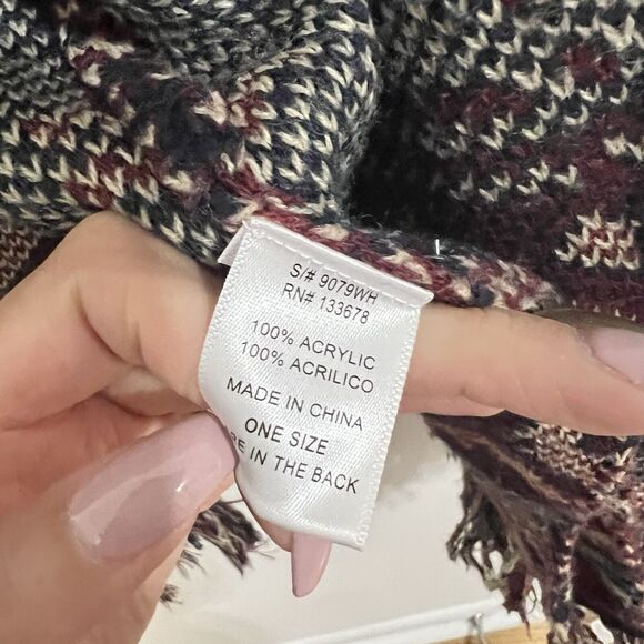 Love Tree Aztec Native Geometric Print Open Cardigan Burgundy Fringe One Size - Picture 2 of 4